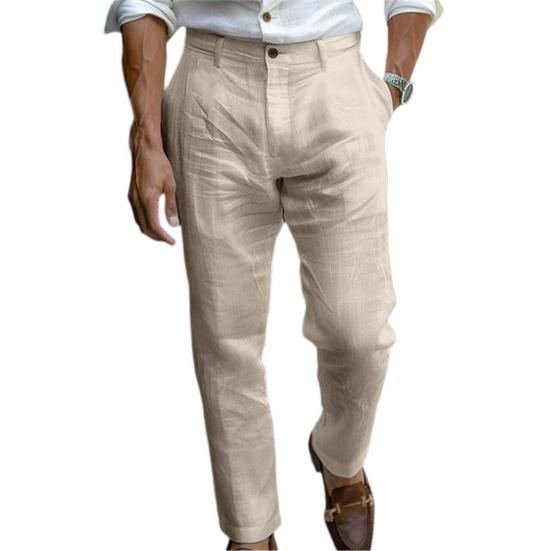 Men Linen Casual Pants Plain Color Dress Pants with Trousers Breathable Regular Fit Belt Loop