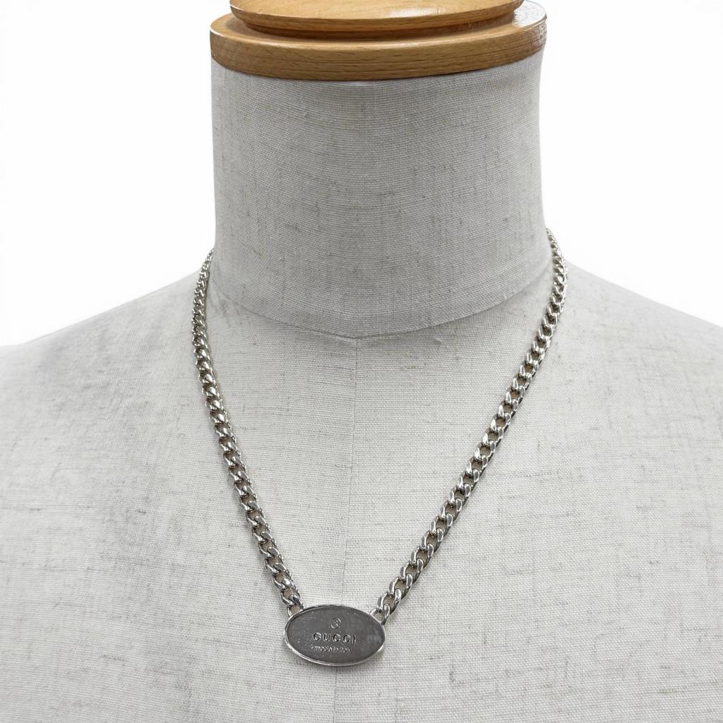 Very Good GUCCI Necklace Trademark Oval Plate Chain Silver AG925 Mens 797142 Used