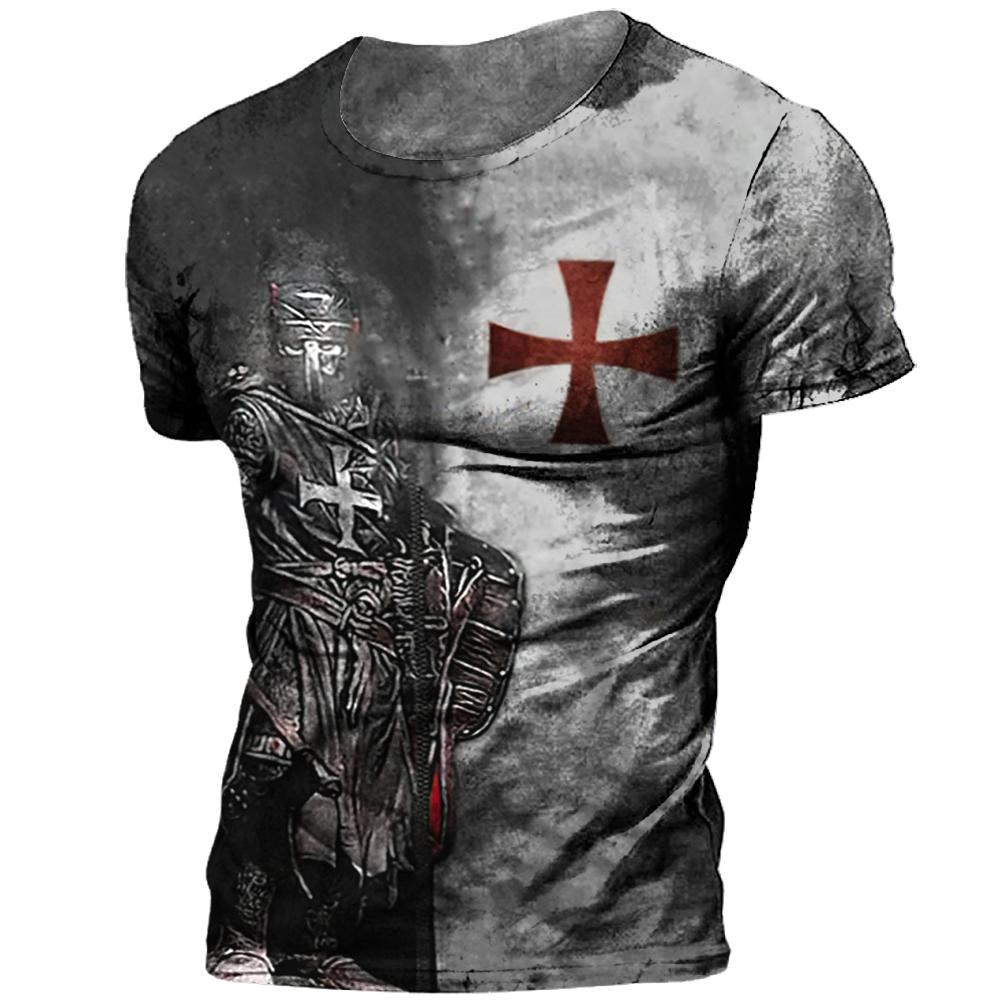 T-shirt Men Templar Printed Vintage Style Shirt O Neck Oversized Short Sleeve Tops Mens Clothing Punk Streetwear 2023 Loose Tees