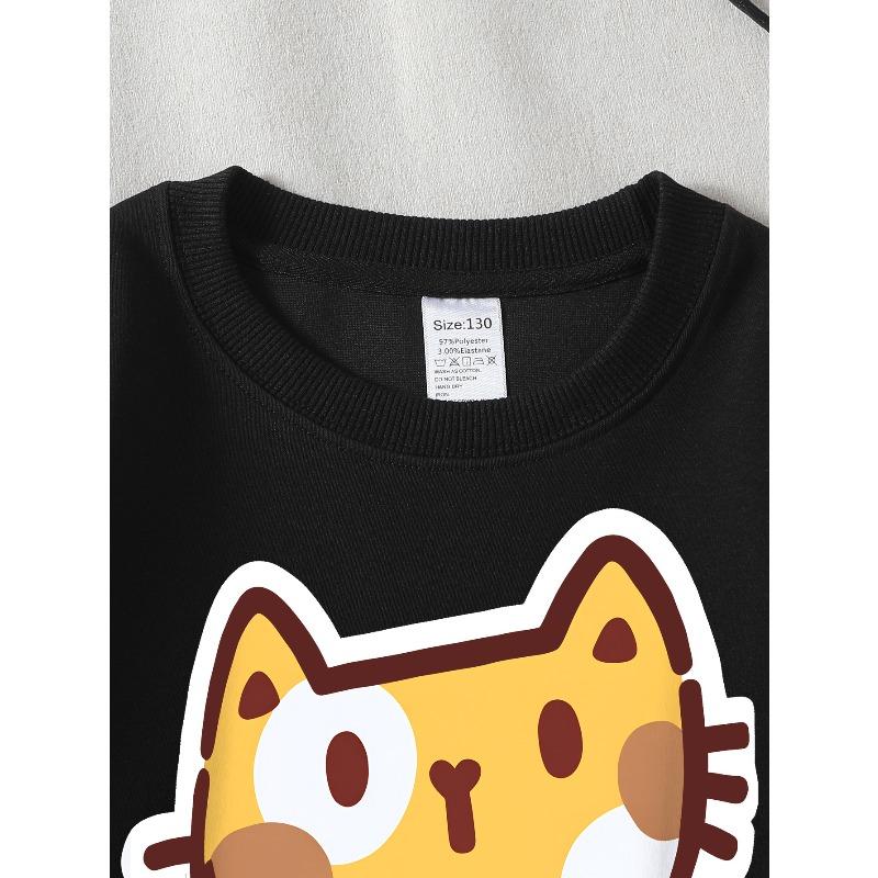 Kids Sweatshirt Crewneck Sweatshirt Cute Cat Face Sticker Design Pattern Machine Washable, Spring And Autumn, Sportswear And Casual Wear