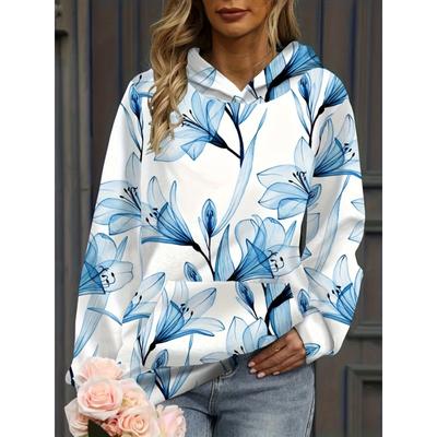 Stylowa bluza z kapturem z kieszenią kangurką z kwiatowym nadrukiem - Miękka, przytulna i codzienna bluza damska z długim rękawem