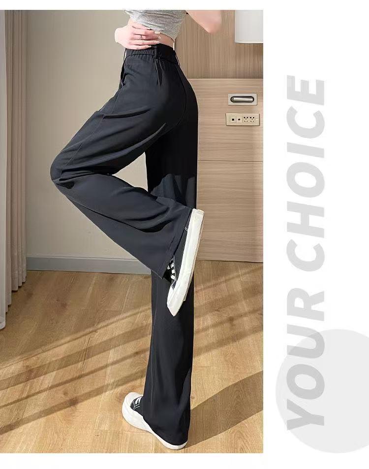 Summer High-Waisted Pleated Ice Silk Straight-Leg Tummy Control Pants - Women's Quick-Drying Fashion Suit Pants