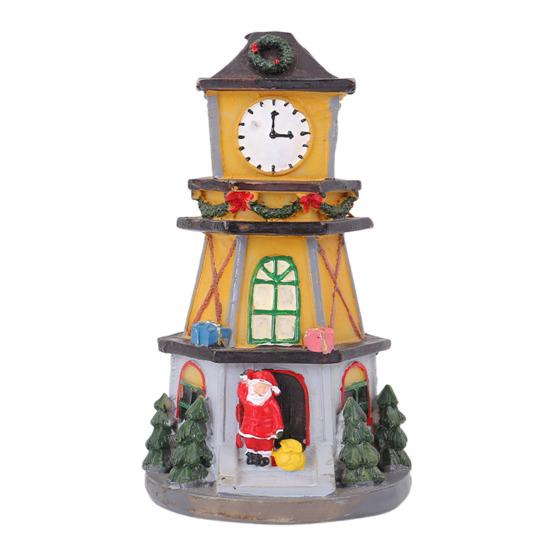 Christmas Village House Figurine LED Light Up Clock Tower Ornament Resin Tabletop Decoration for Holiday Winter Home Decor