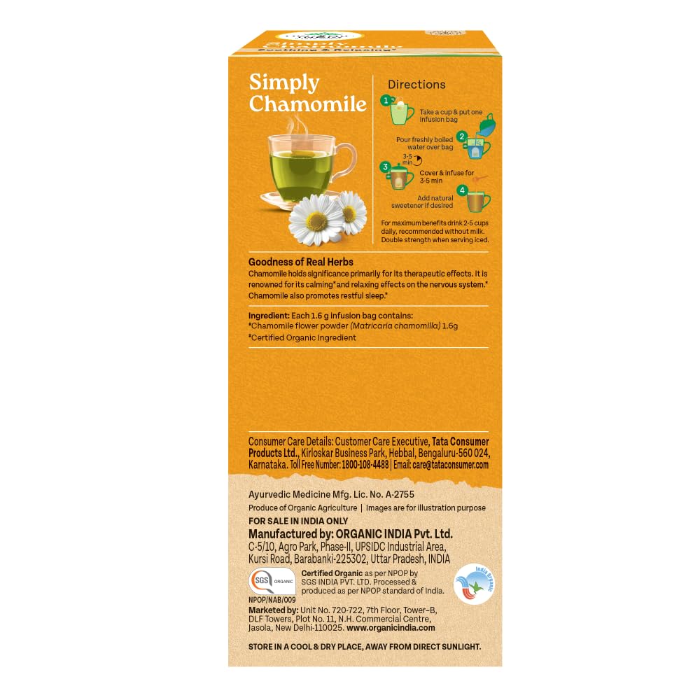 ORGANIC INDIA Po prostu Rumianek Ziołowe Torebki Herbaciane Dla Spokojnego Relaksu I Ukojenia 25 Torebek Dla Komfortu Przed Snem (25NX1.6G)