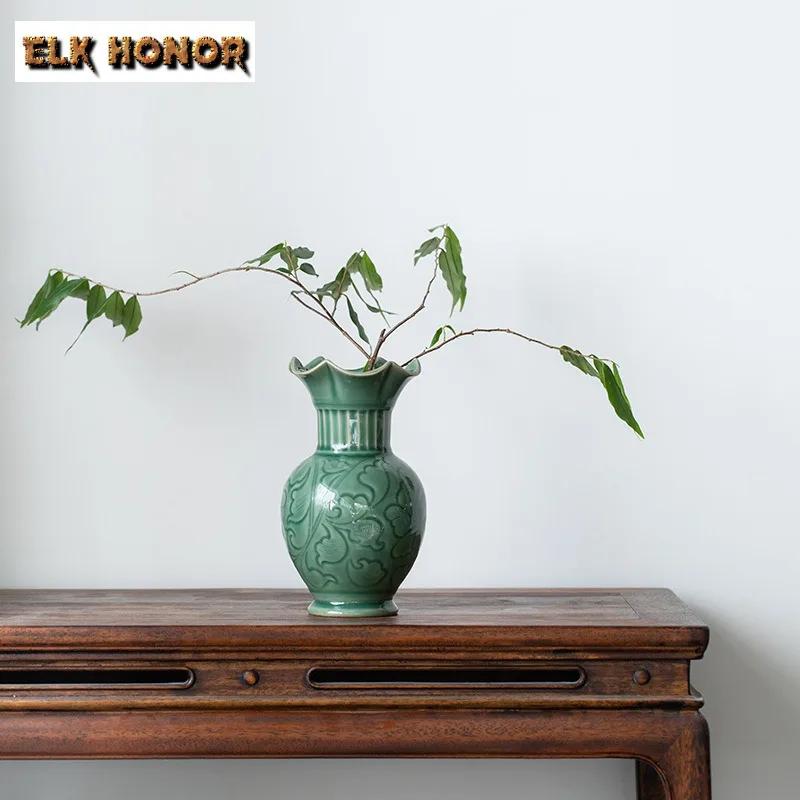 

Yue Kiln Celadon Vase With Relief Zen Entwined Branches Lotus Vase Ancient Hydroponics Plant Pot Flowerpot Tableware Craft Gift