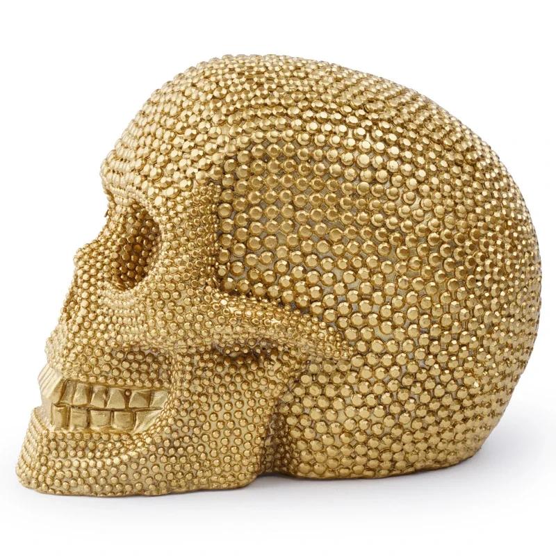 1pc, Resin Sparkling Golden Skull Statue With Intricate Detailing For Office Decoration Or Halloween Party