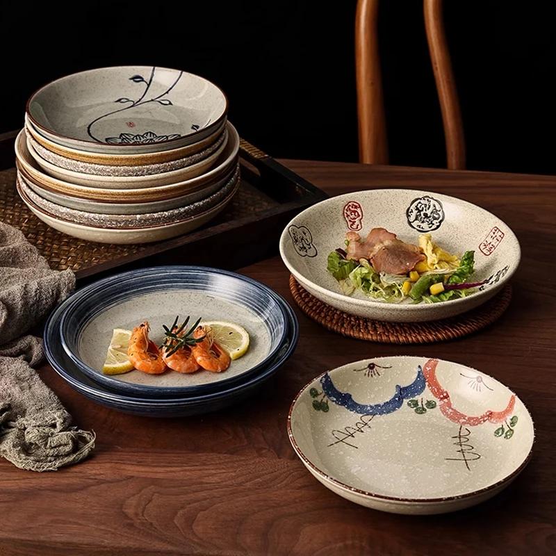 Japanese Retro Ceramic Plates Plants Flowers Ceramic Plates Tableware Main Course Decorative Round Plates Household Tableware