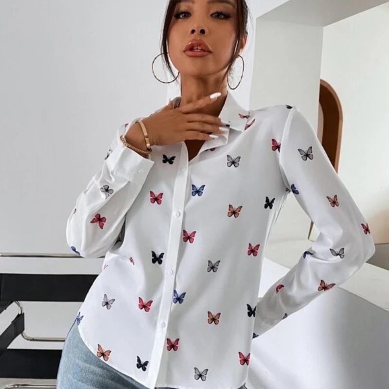 Fashion Butterfly Printed Long Sleeve S-5XL Loose Shirts Women Vintage Single Breasted Plus Size Blouse Women Elegant Lapel Office Blouse Tops 26247