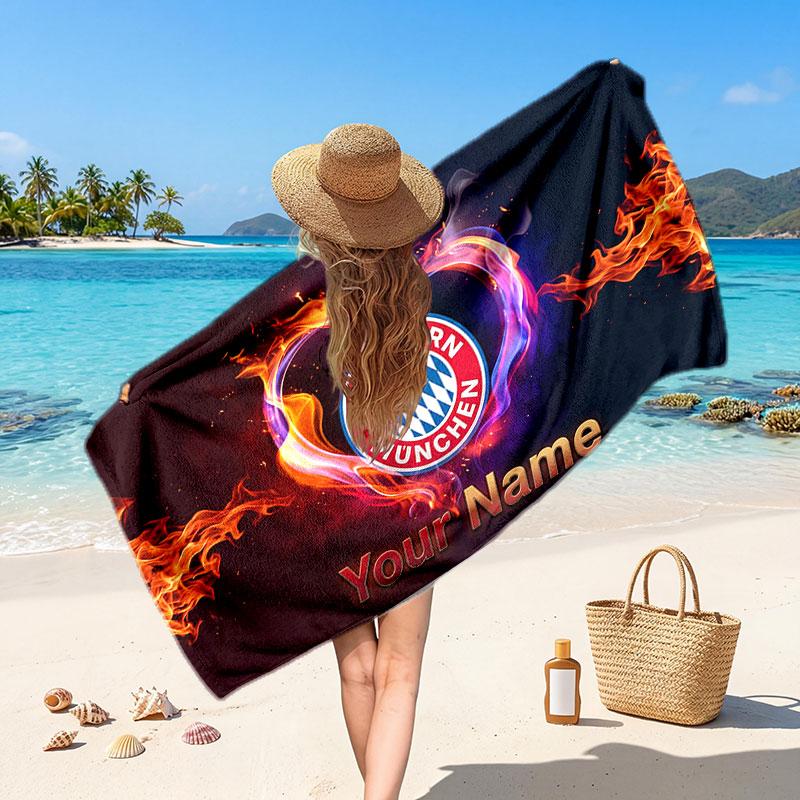 Bayern Munich Custom Beach Towel, Personalized Name Text Print, Football Logo Soft Quick‑Dry Towel Holiday Gift