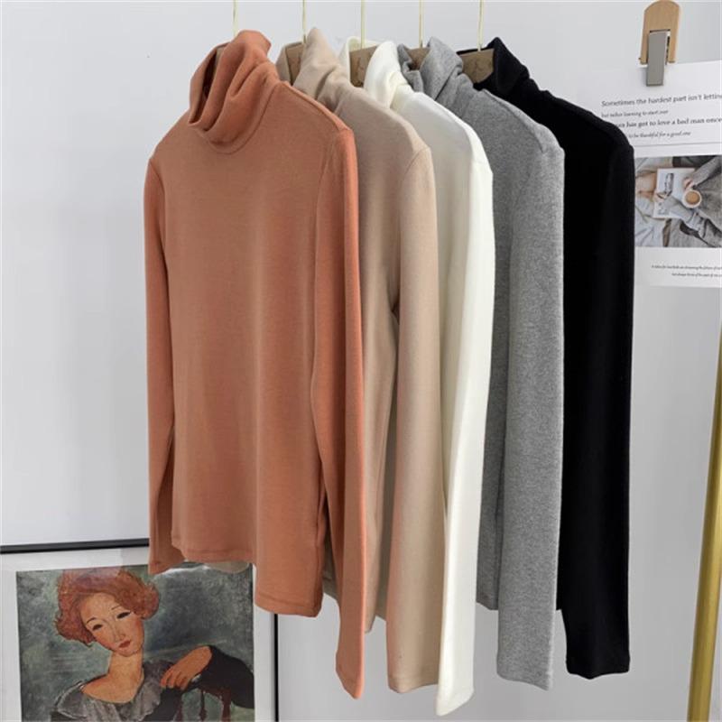 Women's Fluffy Cowl Neck Thickened T-Shirt - Slim, Velvet-Lined, Warm High Neck for Autumn/Winter