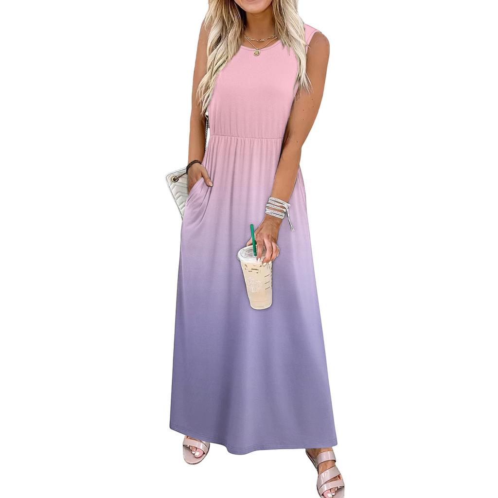 Ladies' Gradient Printed Casual and Fashionable Waist Cinched Sleeveless Dress