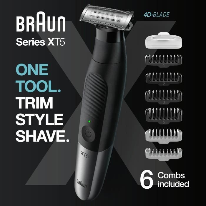 Braun Series XT5 Rasoir Électrique et Tondeuse Hybride Homme, pour visage+corps, Lame Durable et Pochette De Voyage Noir, XT5200