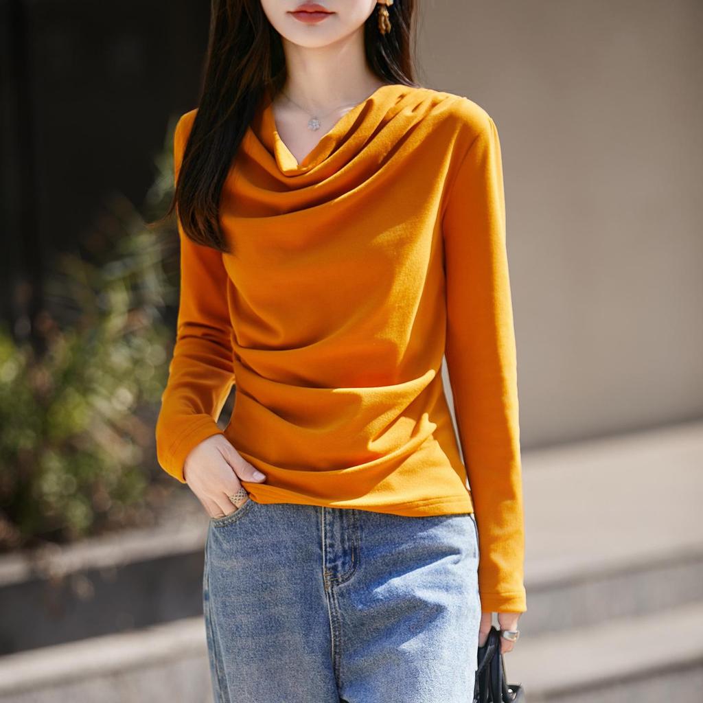 Double-Sided Velvet Scoop Neck Pleat Base Layer Women's Sweater - Autumn/Winter 2025 New Style Knitwear