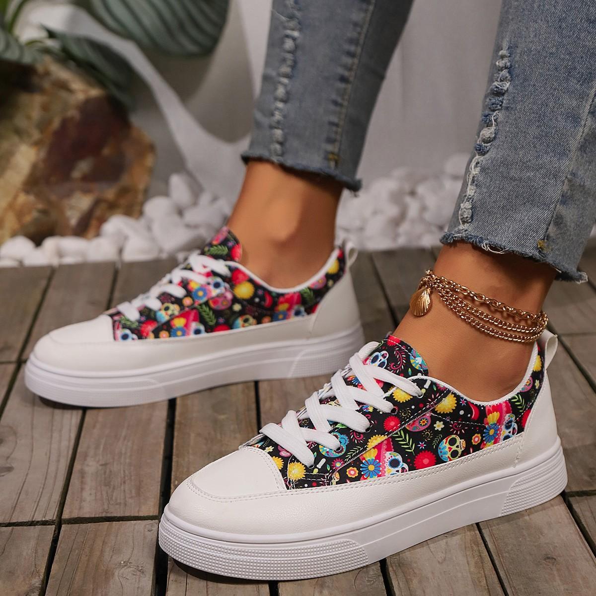 

Large size breathable casual shoes low top versatile printed lace-up flat baseplate shoes women 42