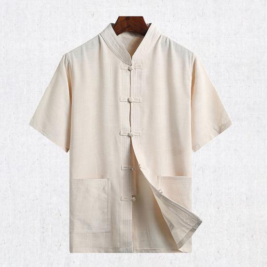 Father Summer Top Solid Color Short Sleeve Buckle Chinese Style Stand Collar Daily Wear Single-breasted Chinese Wear Tai Chi Clothing Male Clothes