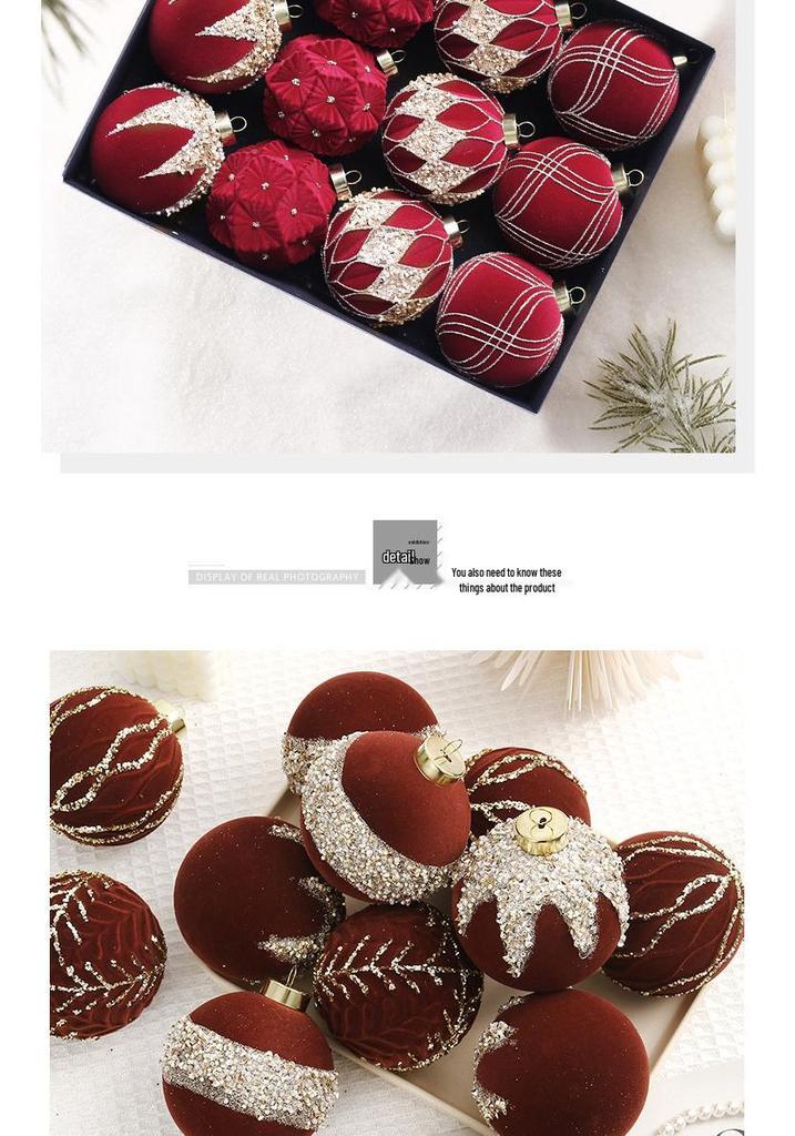 8cm Diamond Flocking Christmas Ball Set - Festive Tree Decorations