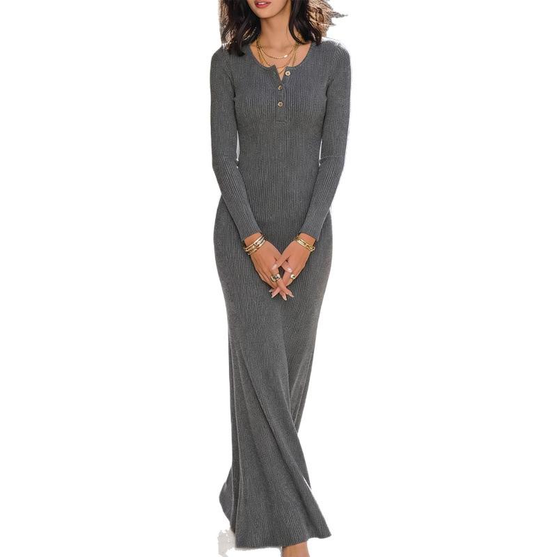Women's Sexy Gray Slim-fitting Long-sleeved Knitted Dress Autumn Women's New Temperament Dress Long Dress