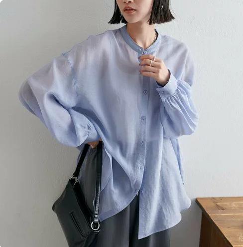 Day single spring and summer commute leisure vacation style loose and thin large size perspective long-sleeved shirt solid color shirt women