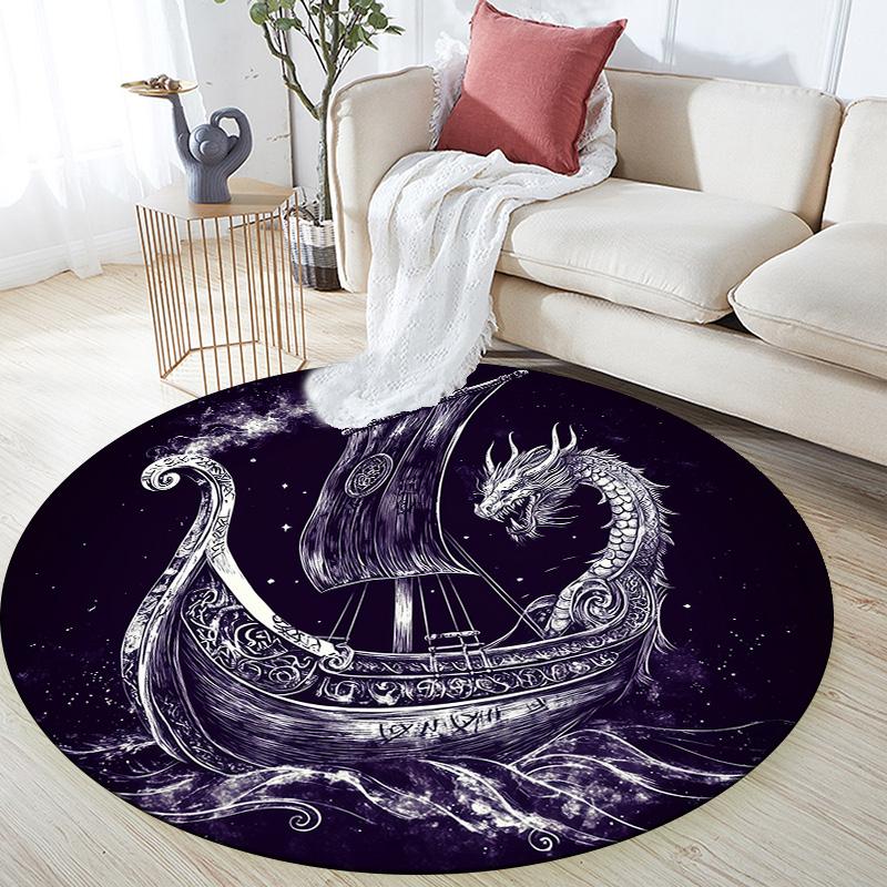 Viking Ship,Round Area Rug,Carpet Rug for Living Room Bedroom Sofa Playroom Decor,Non-slip Floor Mat