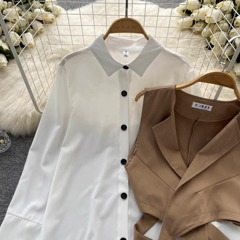 Hochwertiger zweiteiliger Anzug, Damen Herbstmode, Ausländischer Stil, Modisches Layering, Kurzes Westentop, Weißes langärmeliges Hemd