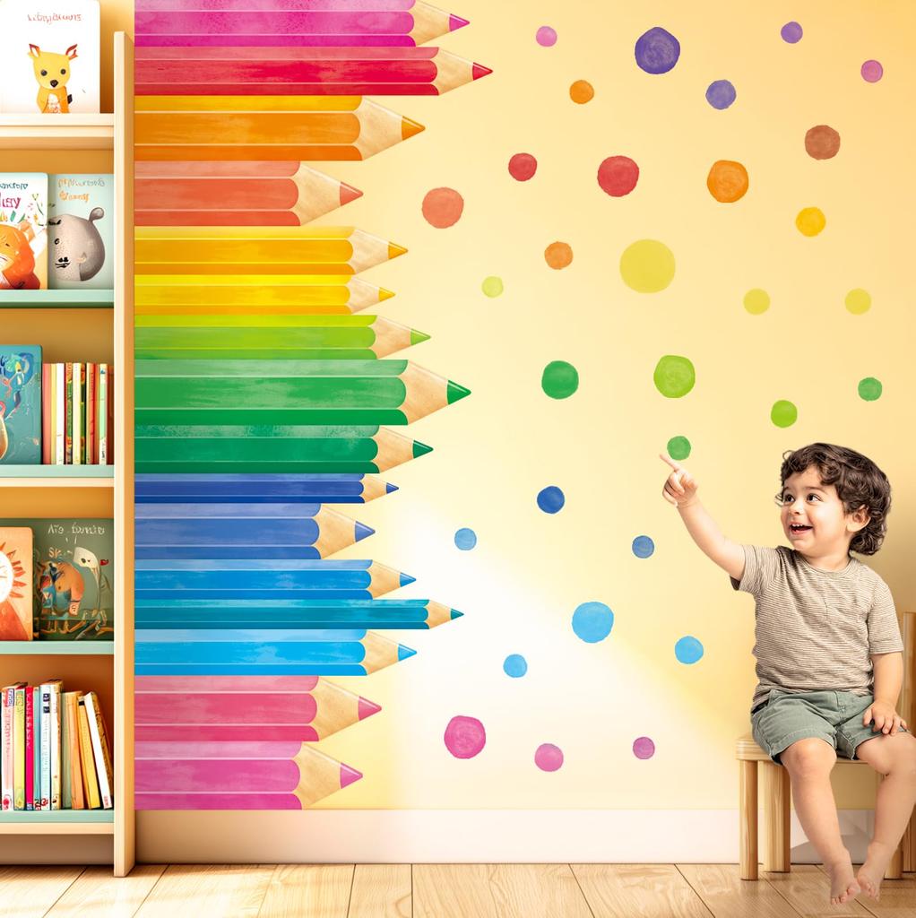 DECOWALL Extra Large Colored Pen Wall Giant Rainbow Crayon Kids Playroom Removable DIY Infant Gift Stickers, Border, Room, Kindergarten, Preschool,