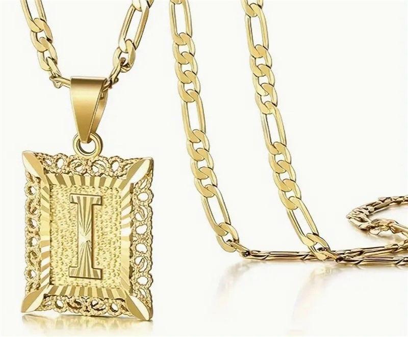 Initial Letter Pendant Necklace for Men Women 14K Gold Plated Square Necklace 26 Letters Long Chain Necklace GZW