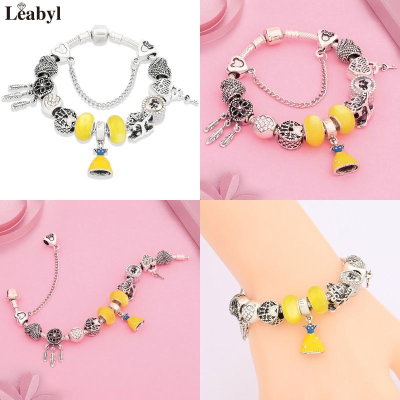 Potdemiel Pink Enamel Crystal Minnie Charm Bracelets Silver Color Heart Cartoon Bead Jewelry for Women Girl Gift