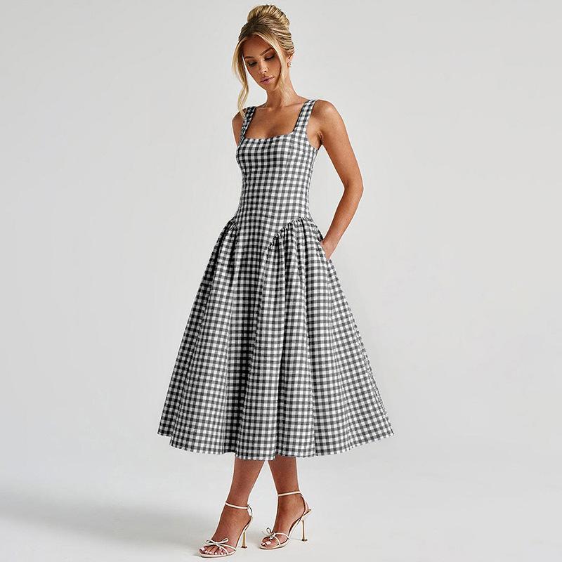 Women French Plaid Print Open Back Cami Maxi Dress Slim Fit Princess Party Dress