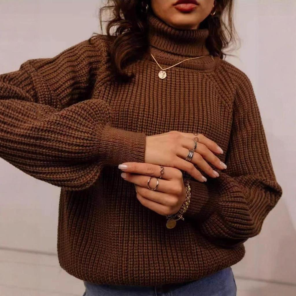 2025 Women's Knit High Neck Sweater - Loose Fit, Thick, Solid Color for Autumn/Winter