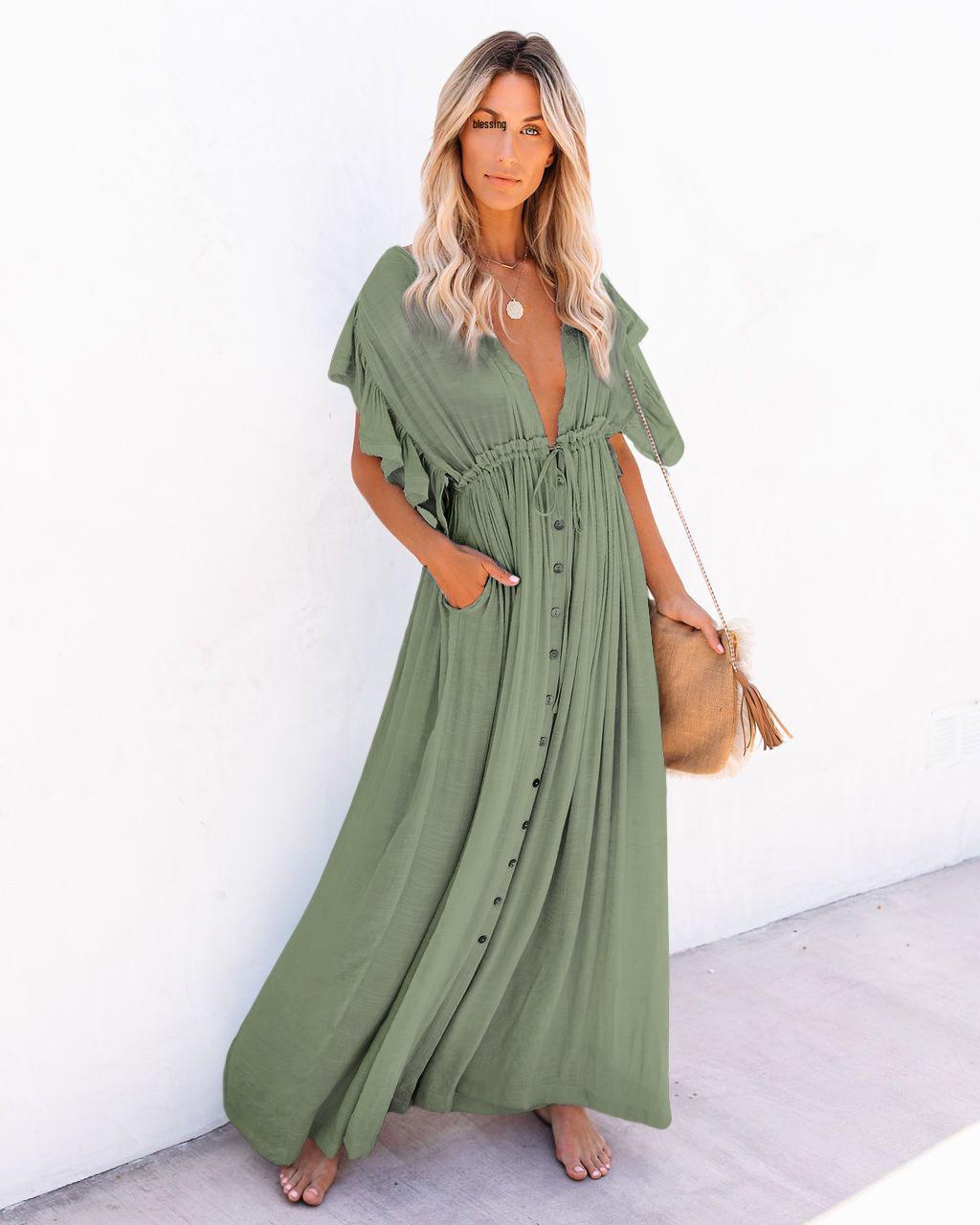 

Summer Beach Button-Up Bamboo Skirt with Waist Tie, Sunscreen Fabric, Available in 7 Colors One Size