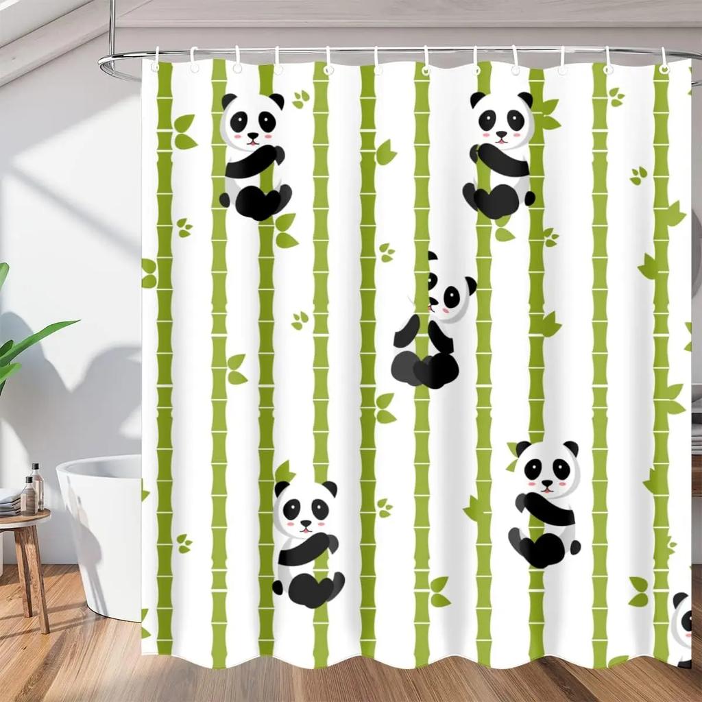 Panda Bamboo Shower Curtain, Cartoon Funny Cute Blue Sky Rainbow Kids Bamboo Forest Animals Birds, Bathroom Decorative Fabrics