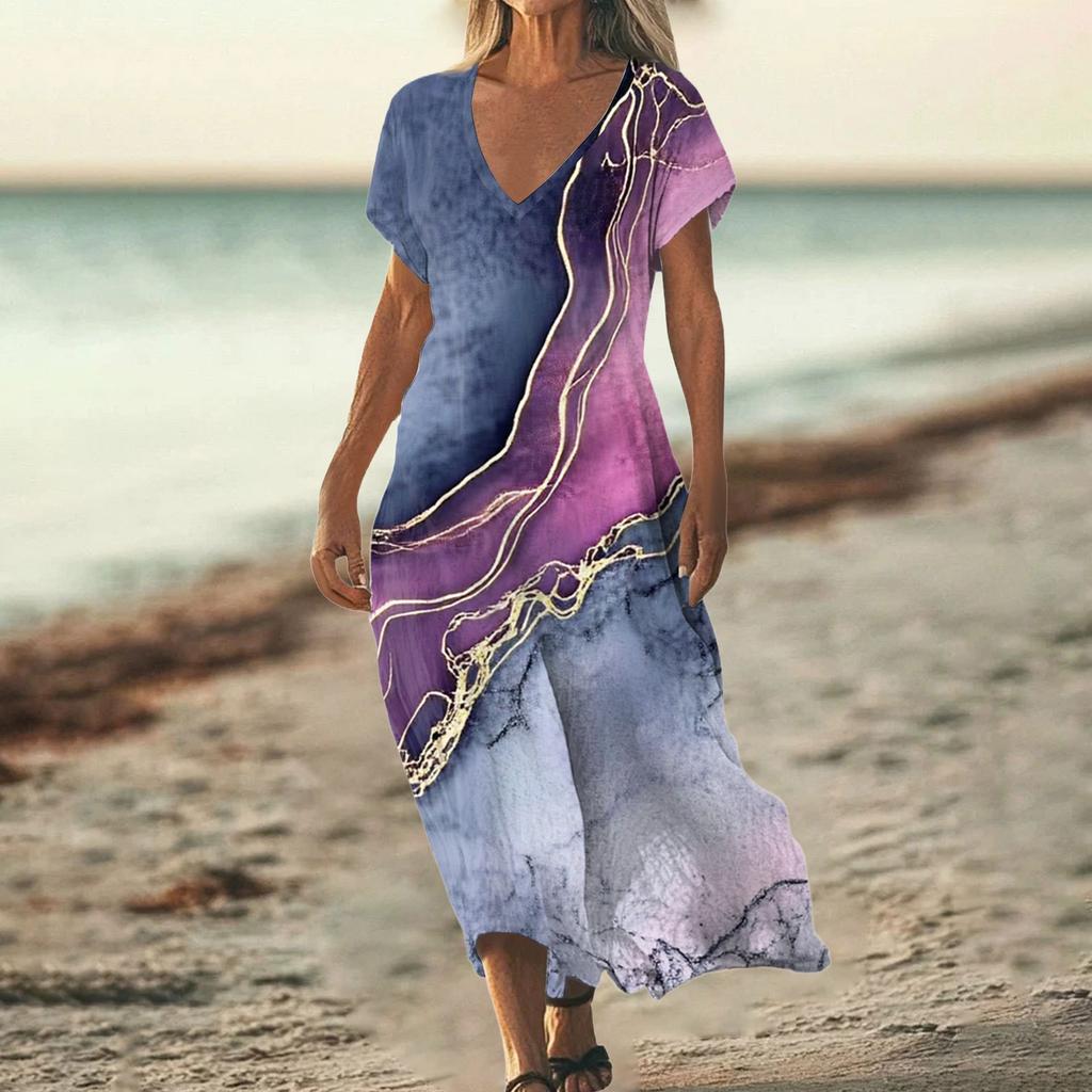 Fashion Women's Summer V-neck Short Sleeve Cotton And Linen Vintage Floral Print Beach Dress