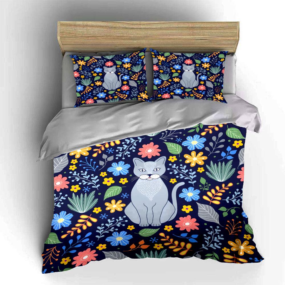 Floral Cat Design Three-Piece Set  Kid'S And Adults' Bedroom Decor, Exquisite Three-Piece Bedding Set Gift