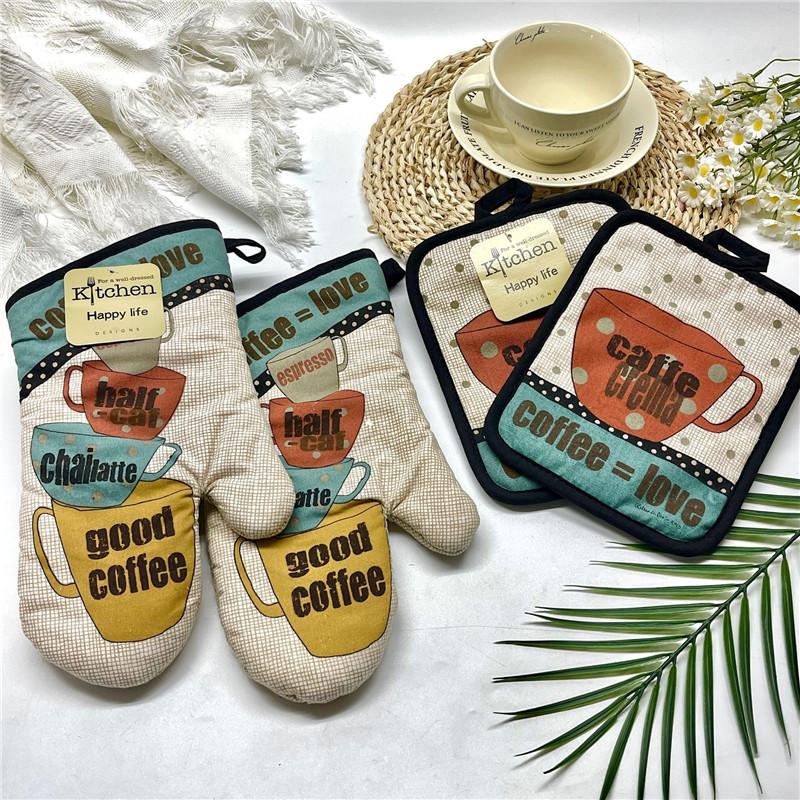 2Pcs/set Vintage Colorful Printed Cotton Heat Resistant Table Placemat With Oven Mitts Baking Glove Kitchen Tool