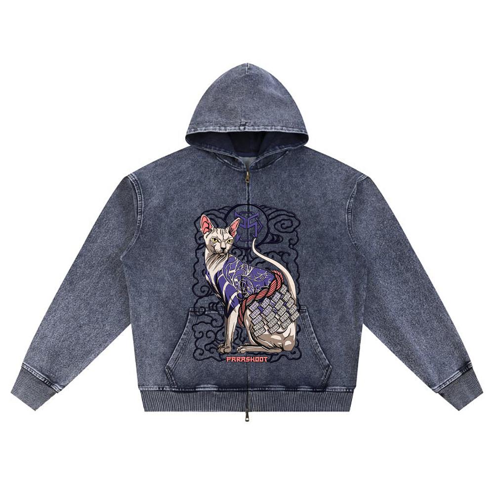 

DTG print Knitted Denim Zip-Up Hoodie Copy of gato bordado Brother Print Zipper Hoodies XL темно-синий