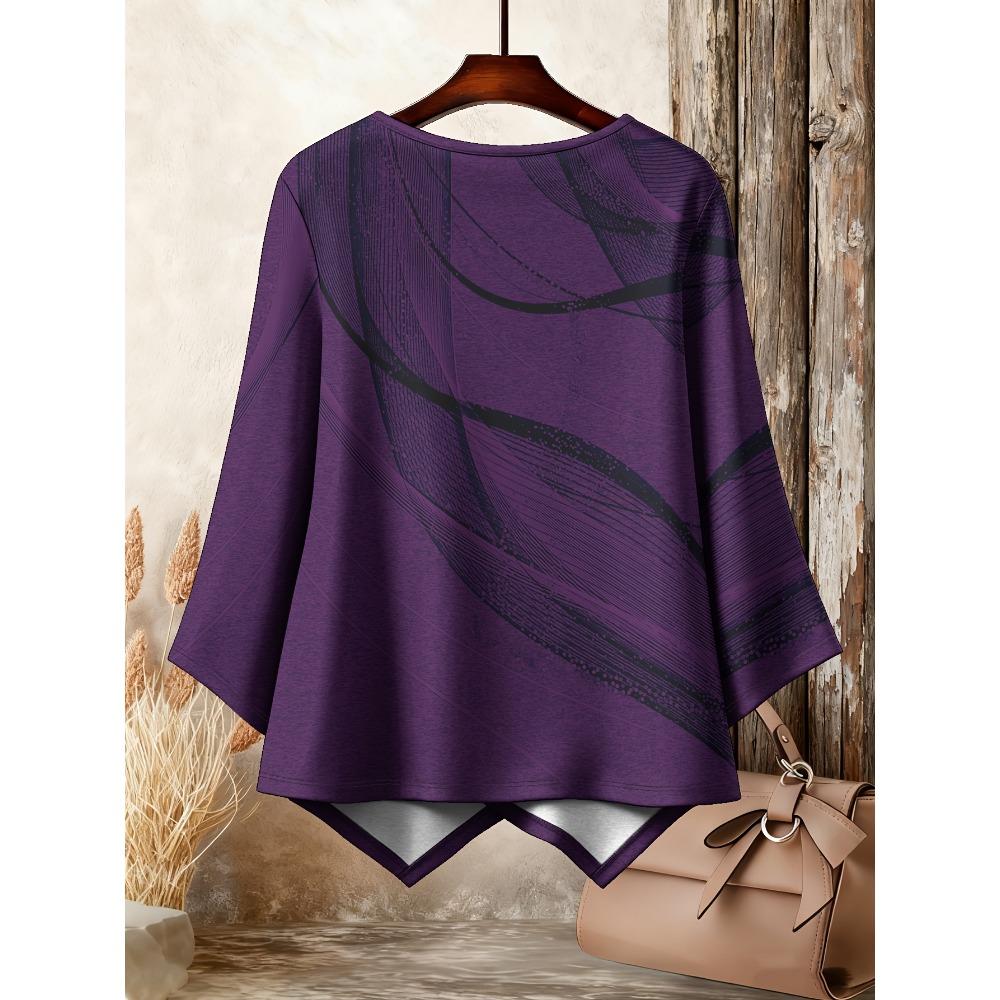 Large size women's clothing comfortable and breathable casual T-shirt, abstract line printing round neck seven