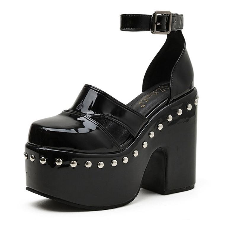 

Fashion 12 Cm Super High Heel Women Sandals High Quality Patent Leather Rivets Ankle Strap Slide Sandals 43 Plus Size Party Talons Femme 43 чёрный