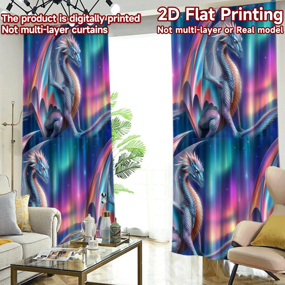 2D FLAT PRINTING 2pcs Curtains (Without Rod) Mythical Dragon Aurora Chic Pattern Curtains Prints Light Filtering Curtains Easter