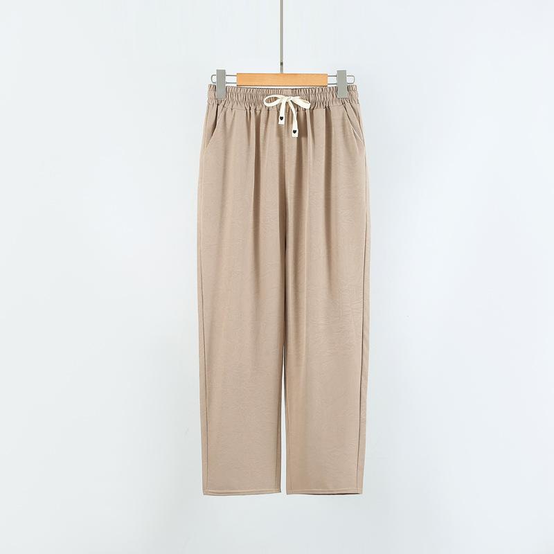 Summer New Hibiscus Silk Women's Cropped Pants with High Waist and Loose Drawstring Made of Silk with Ice Sensation and Pressure Wrinkles