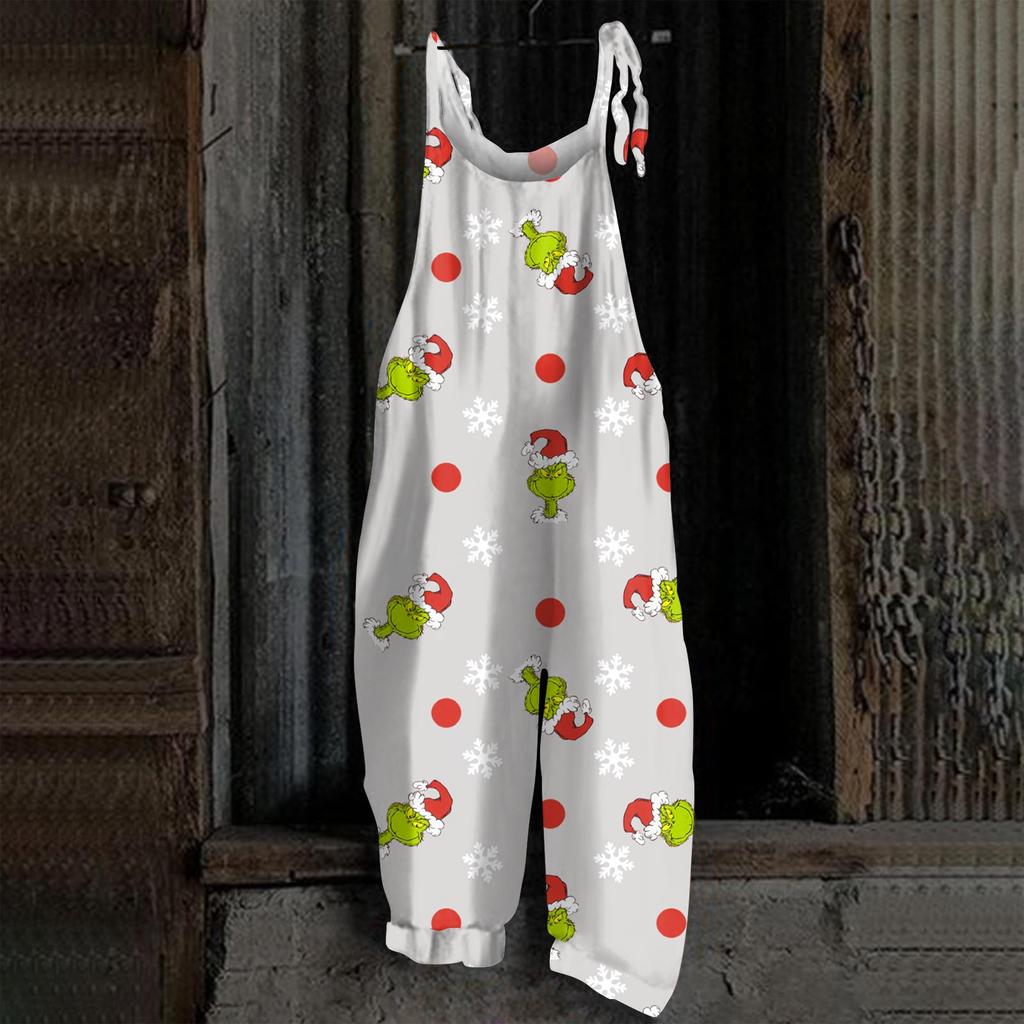 Damski kombinezon z nadrukiem Halloweenowym, casualowy, luźny, vintage, na ramiączkach, bawełniano-lniany