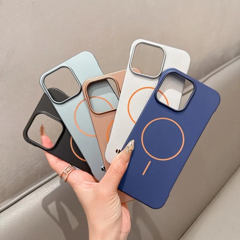 Slim PC Hard Frameless Borderless Case For iPhone 16 Pro Max 15 Plus 14 13 12 11 Phone Magsafe Wireless Charging Magnetic Cover
