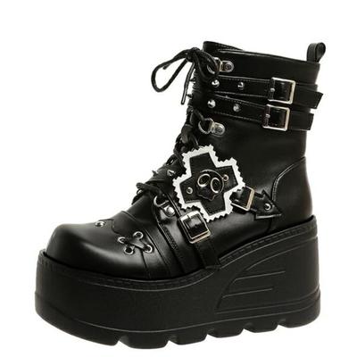 9CM Metal Chain Patent Leather Punk Ankle Boots Women New Winter Designer Chunky Platform Boots Woman Black Gothic Lolita Shoes