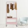 Pink Floor Carbon Steel Hanging Clothes Rack with 2 Baskets,Metal Silent Movable Storage Rack for Laundry Room, Balcony, Bedroom
