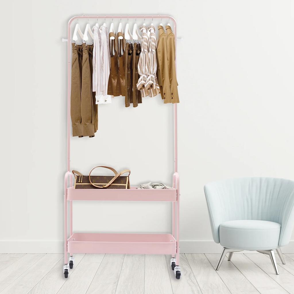 Pink Floor Carbon Steel Hanging Clothes Rack with 2 Baskets,Metal Silent Movable Storage Rack for Laundry Room, Balcony, Bedroom