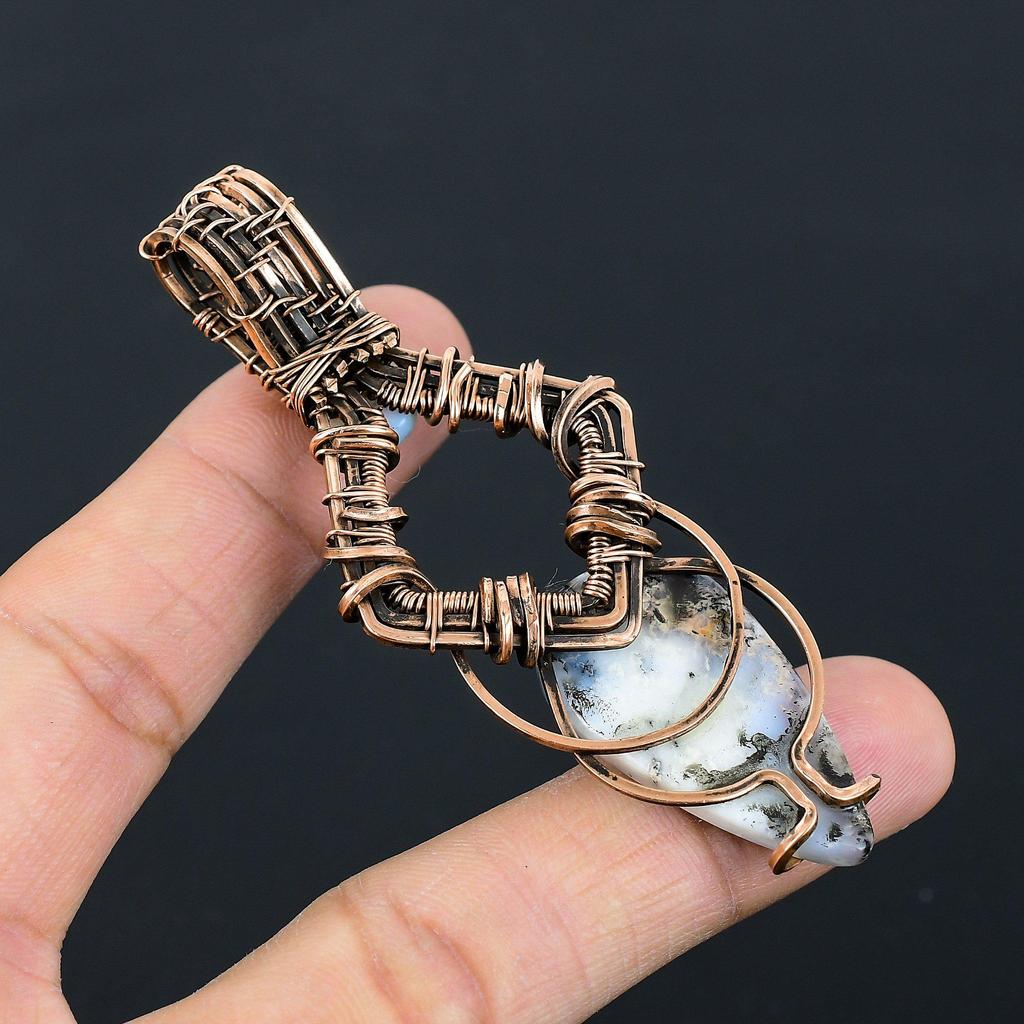 Dendrite Opal Gemstone Pure Copper Wire Wrapped Handmade Pendant Jewelry