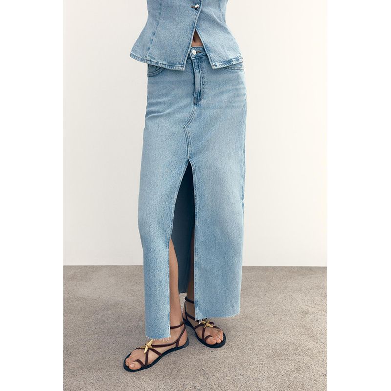Spring and Summer Cinched Sleeveless round Neck Denim Vest 8228038 Midi Skirt High Waist Casual Denim Skirt 8228023