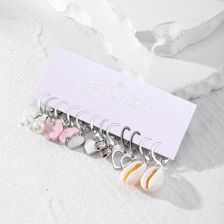 6-teiliges Übertriebenes Geometrisches Perlen- & Strass-Ohrring-Set für Damen