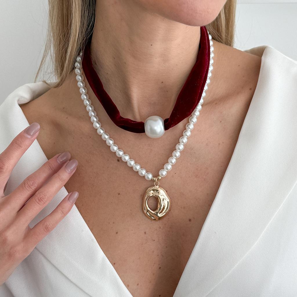 Vintage Leopard Print Flannel Imitation Pearl Stacked Necklace, Geometric Liquid Metal Pendant Collarbone Necklace