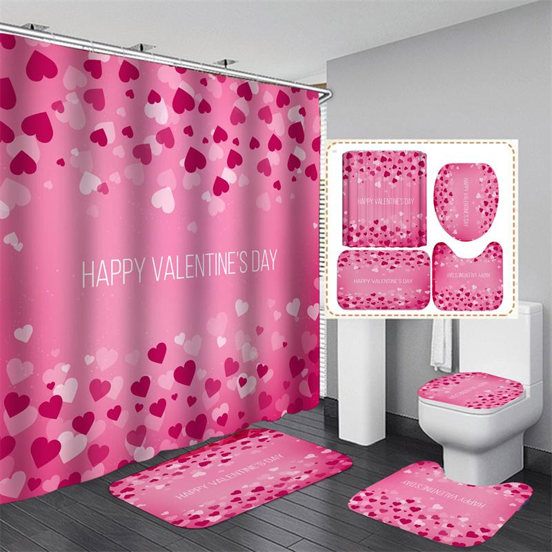 Valentine's Day Bathroom Bathing Waterproof Shower Curtain Home Entrance Doormat Bathtub 4Pcs Set Toilet Seat Cover Rugs Bath Non-Slip Floor Mat Love