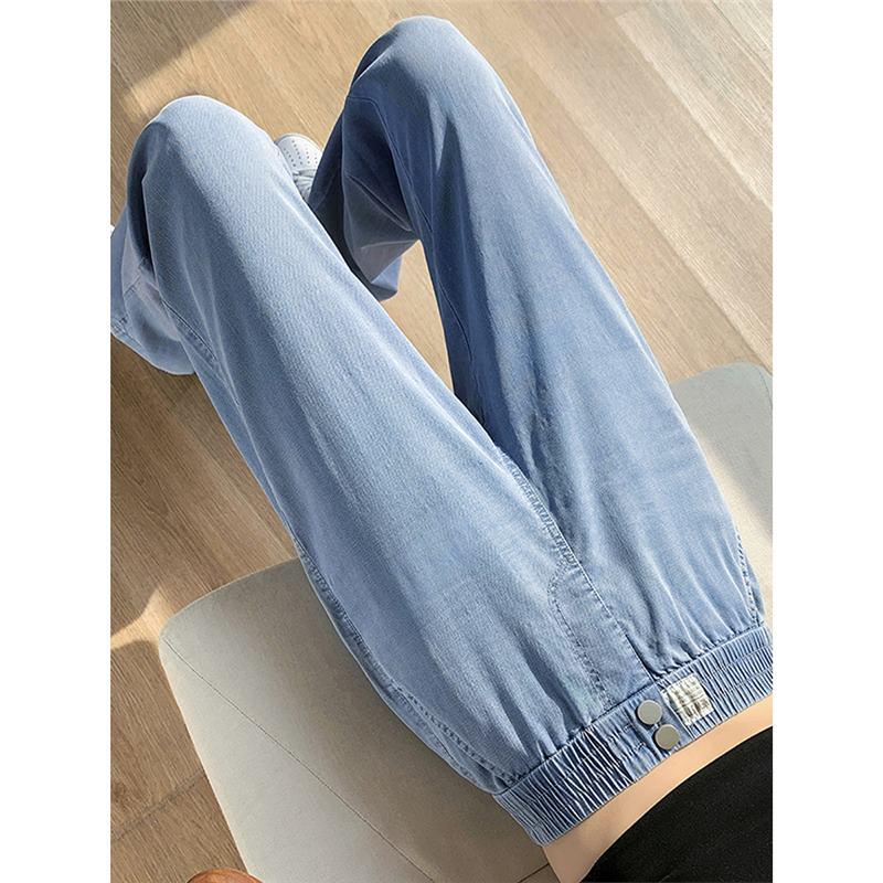 Women's Summer Tencel Wide-Leg Jeans - Lightweight, Elastic Waist, Ice Silk Drape, Loose Fit.